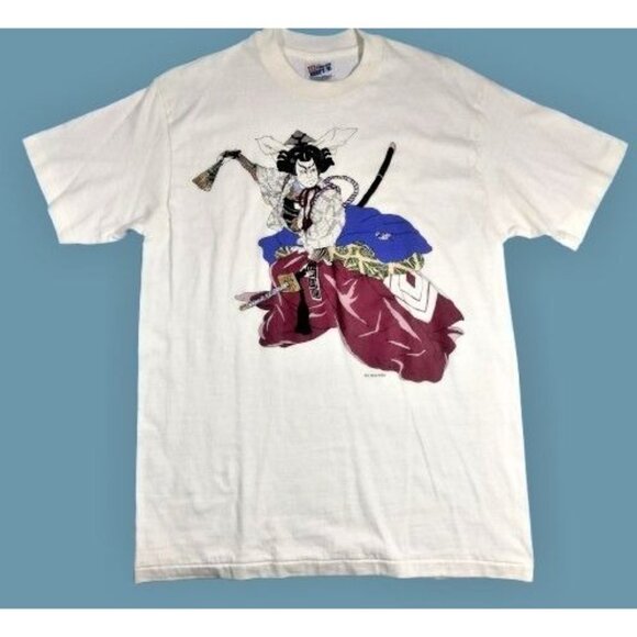 Vintage 90s Samurai Ninja Kabuki T Shirt Medium Beefy-T Qualitees Single… - Picture 1 of 5